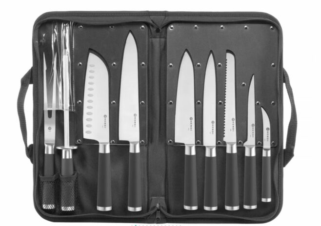 Knivsæt i sort m/ 9 dele inkl. knivtaske, Hendi
