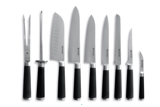 Knivsæt i sort m/ 9 dele inkl. knivtaske, Hendi